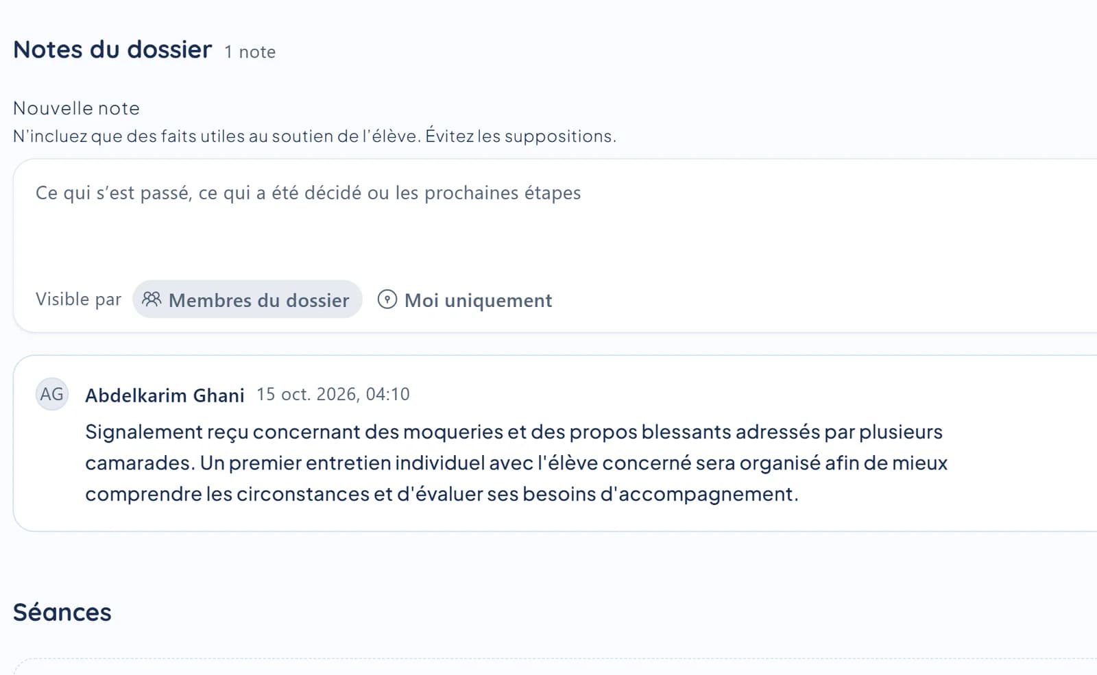 Notes du dossier dans le tableau de bord de l’établissement : nouvelle note avec choix de visibilité et note datée du membre du personnel attribué.