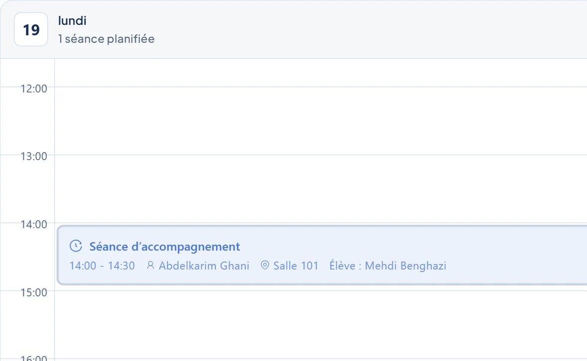 Calendrier du tableau de bord de l’établissement avec une séance d’accompagnement planifiée : membre du personnel, salle et élève.