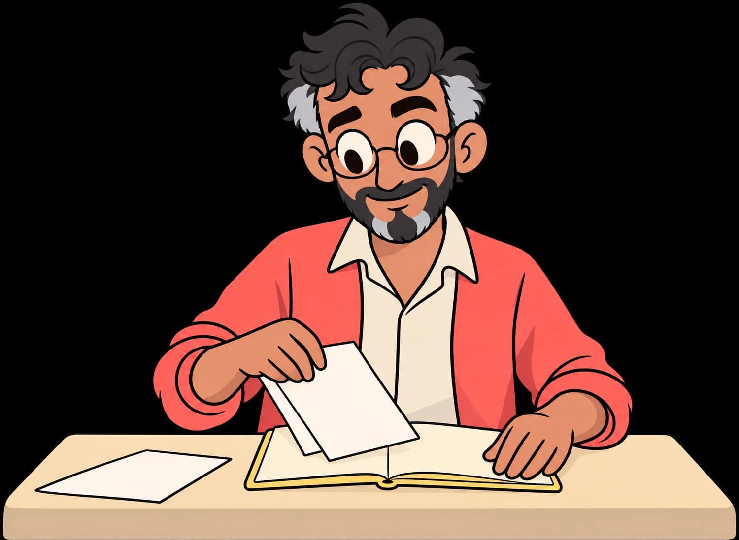 Nabil est assis à un bureau et rassemble calmement des feuilles volantes vierges dans un carnet ouvert.