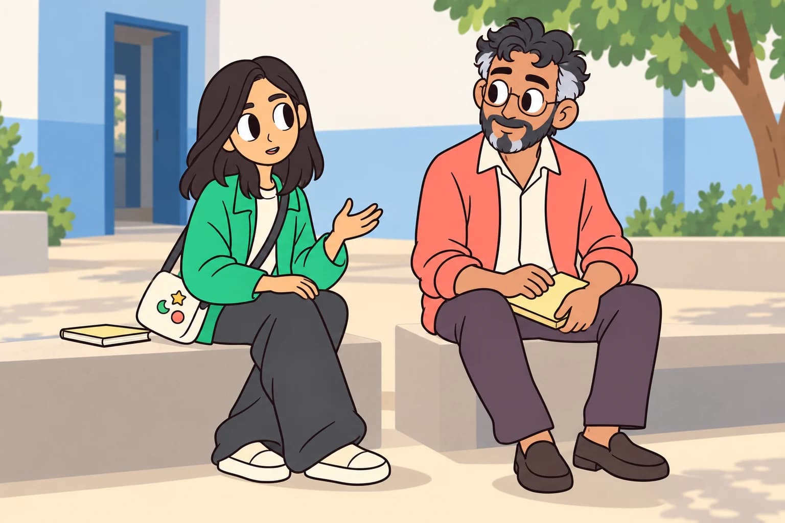 Mery shares what is on her mind while Nabil puts his notebook aside and listens.