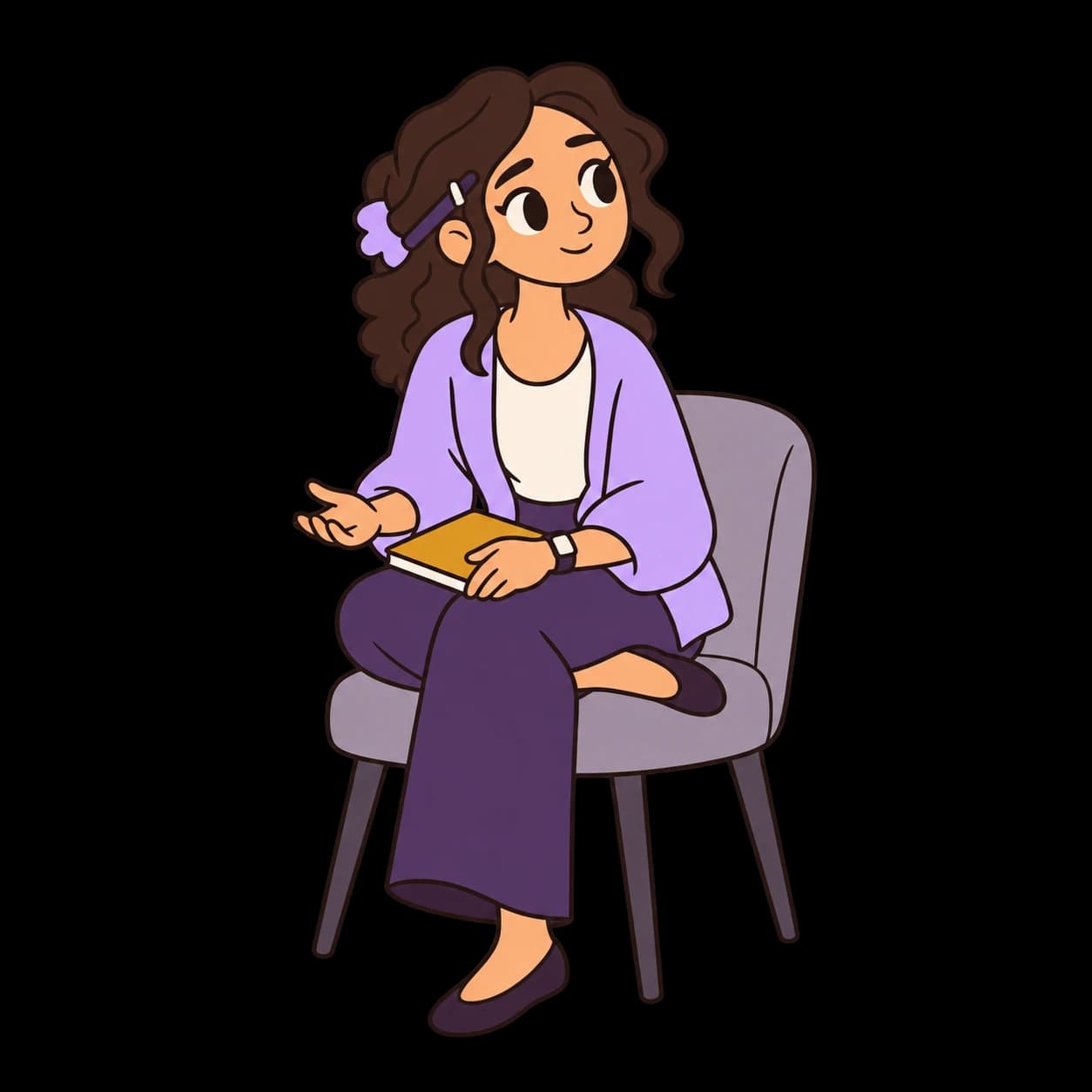Sarah sitting with a notebook in her lap, listening attentively.