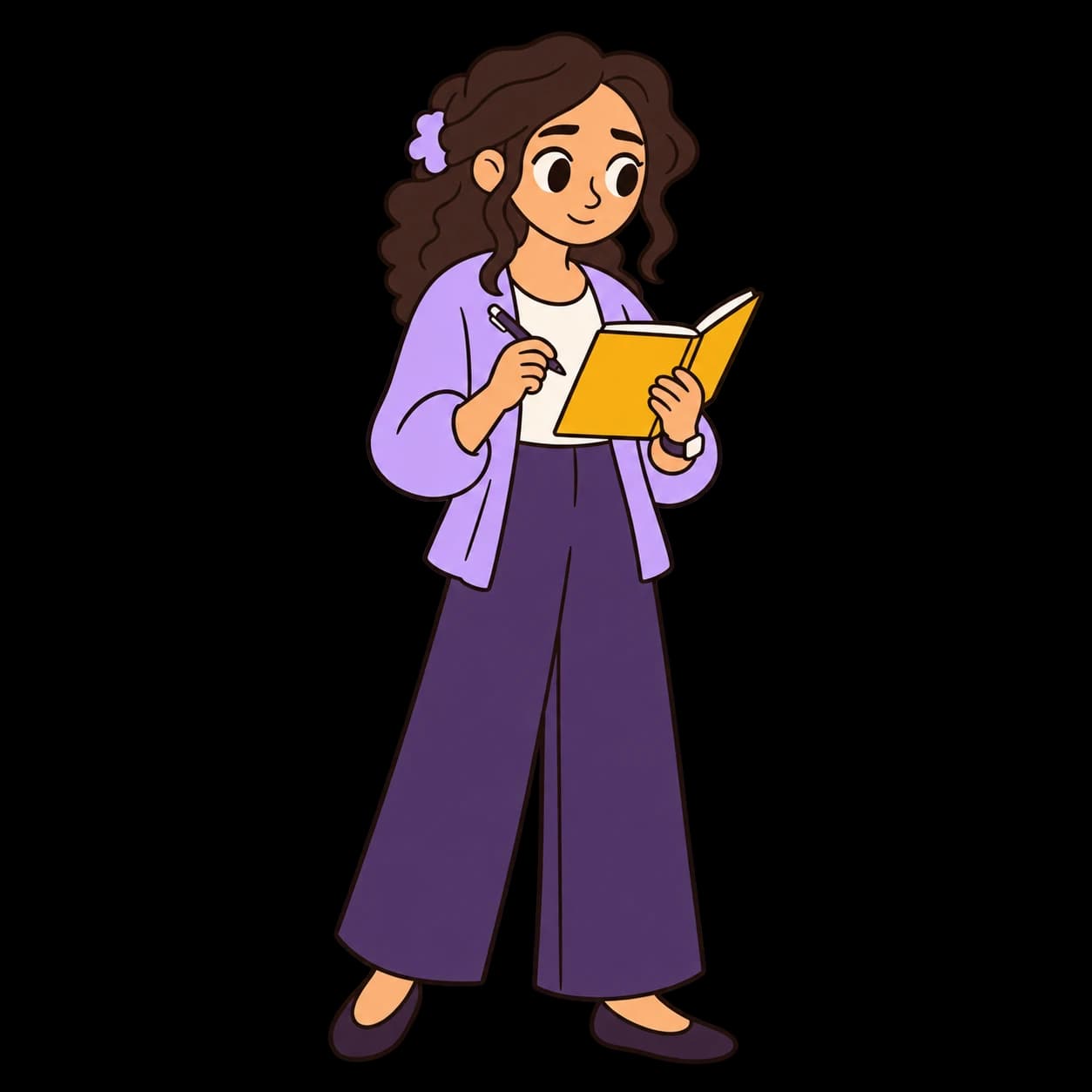 Sarah thoughtfully reviewing her notebook with a pen in hand.