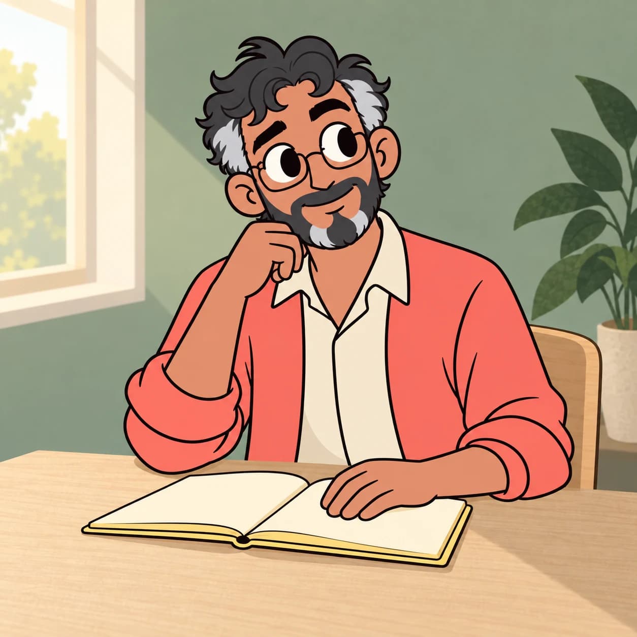 Nabil pausing thoughtfully over an open notebook at his desk.