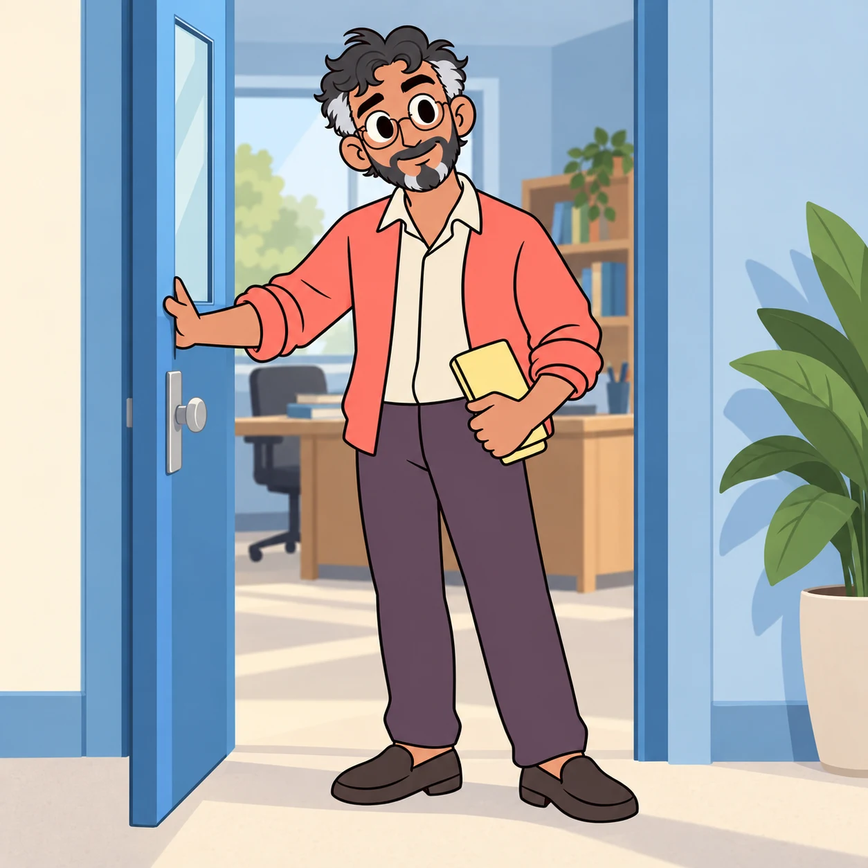 Nabil holding the school office door open, with his notebook at his side.