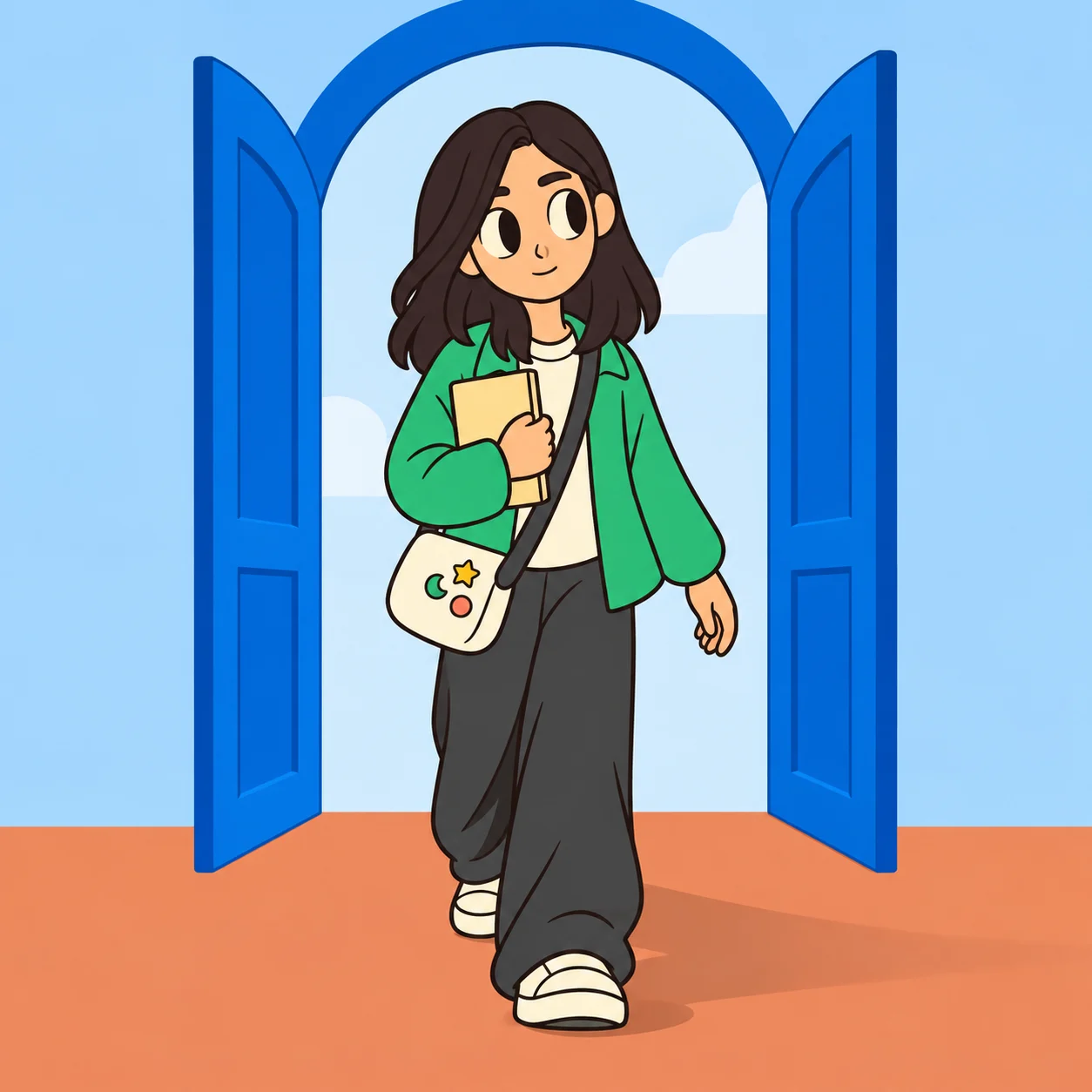 Mery stepping through an open blue doorway, carrying her notebook.