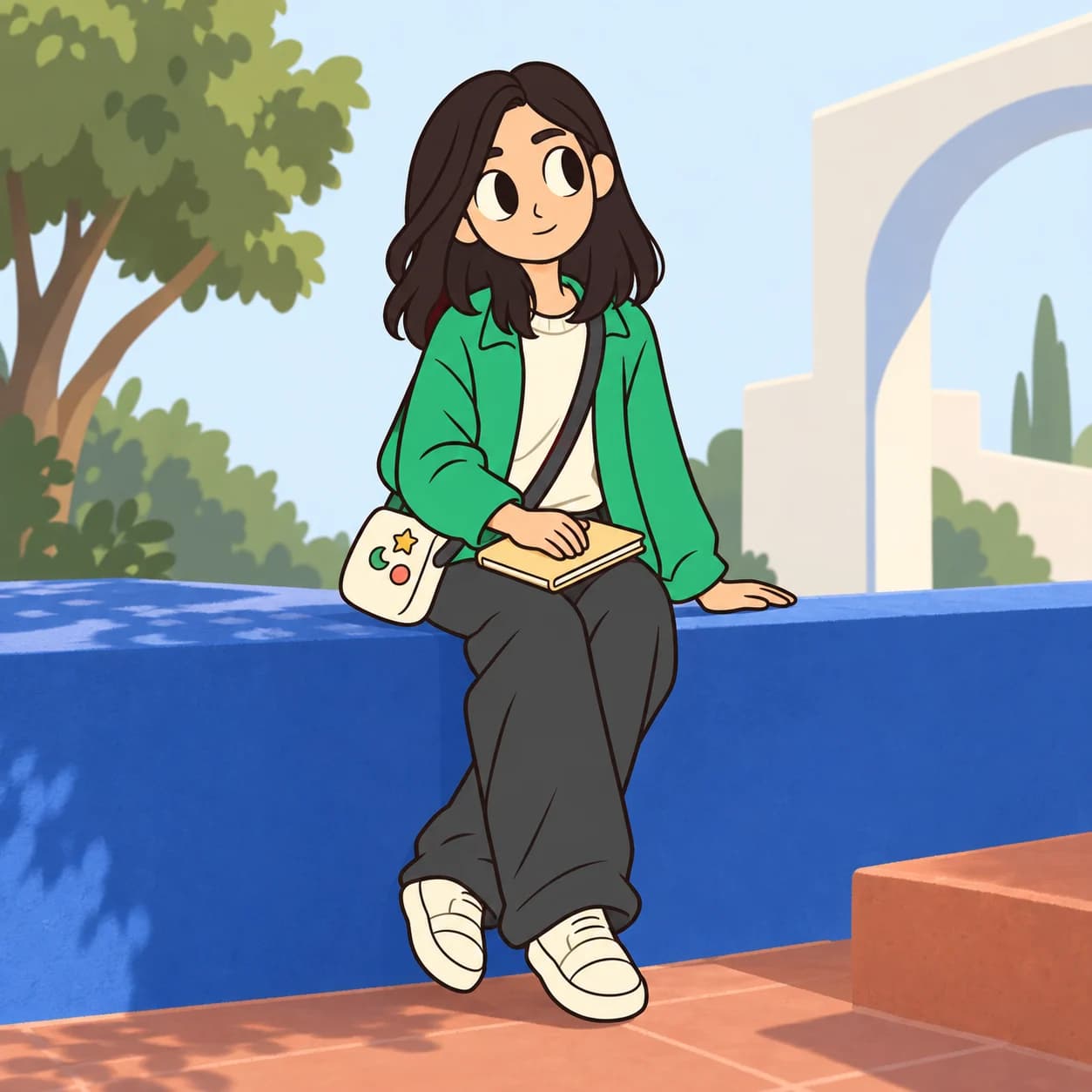 Mery sitting in a courtyard with her notebook, looking up thoughtfully.